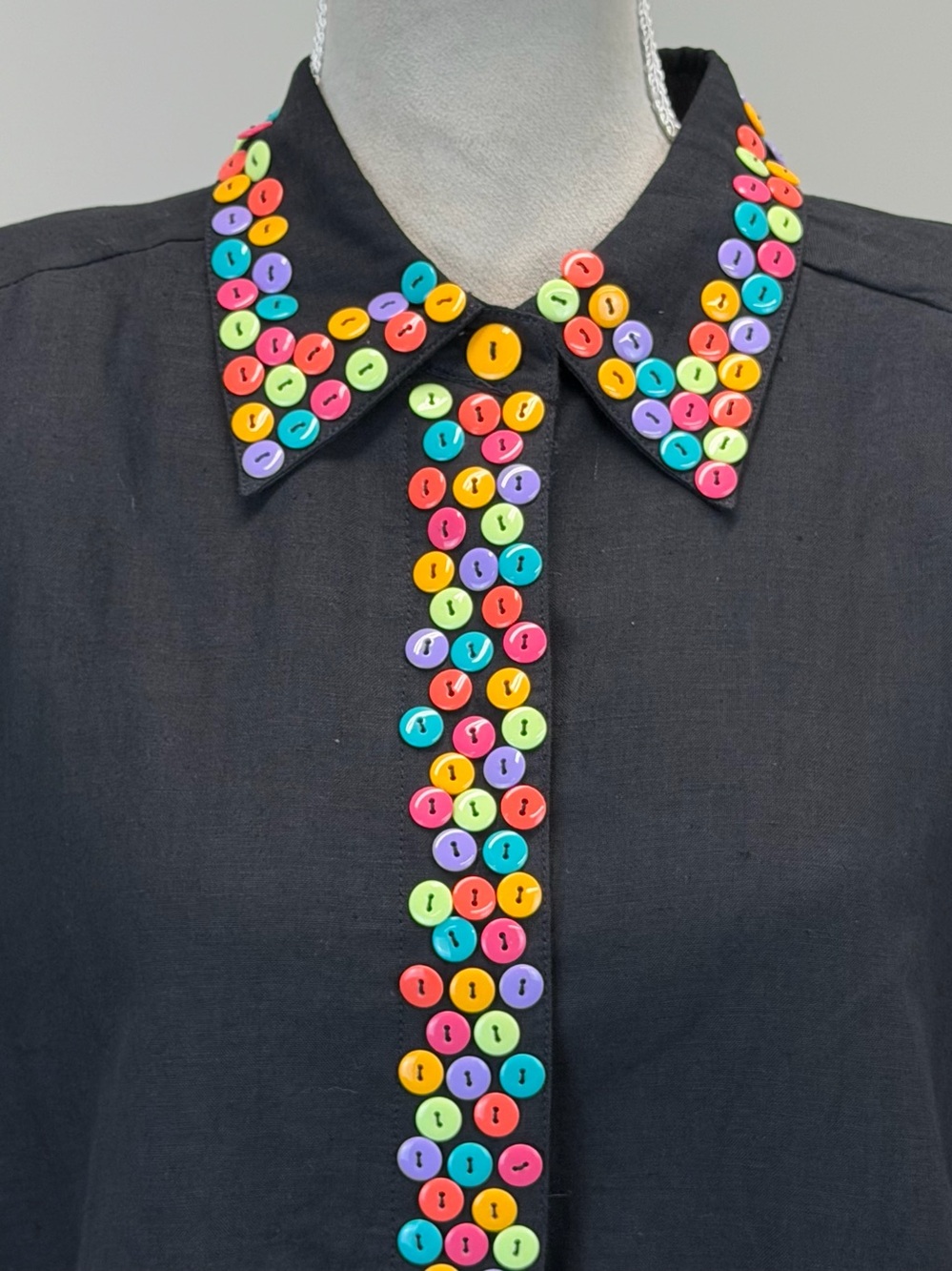 VTG Diane Gilman Black Linen Blend Blouse Top Sz XL Multicolor Button Accent NWT - Picture 1 of 15